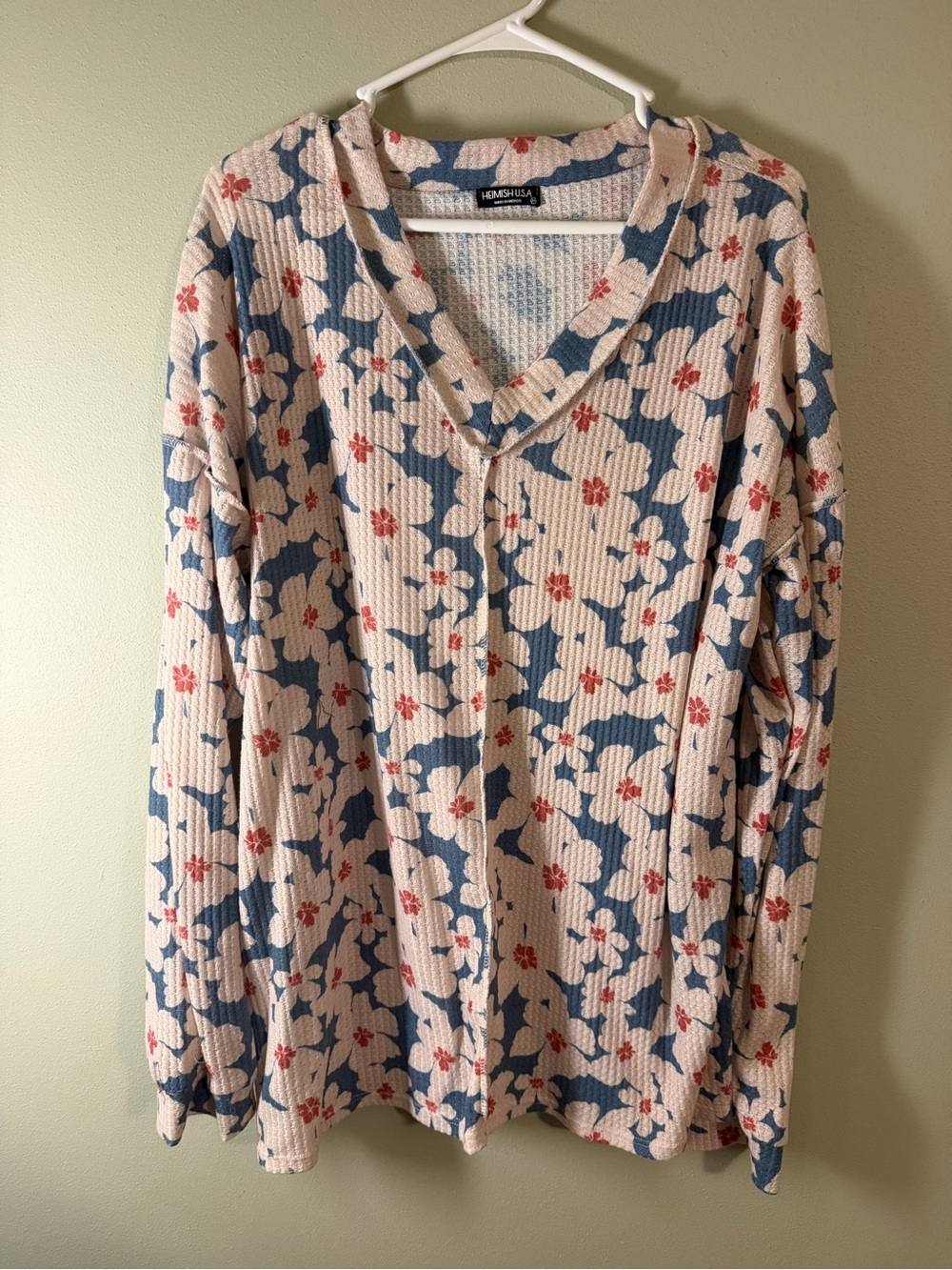 HEIMISH USA white V-Neck Floral Print waffle knit top with Blue & Red Accents